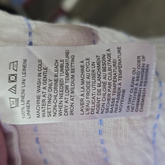 Saks Fifth Avenue Linen White Blue Striped Collared Button Tab Roll Sleeve Top M - Picture 10 of 10